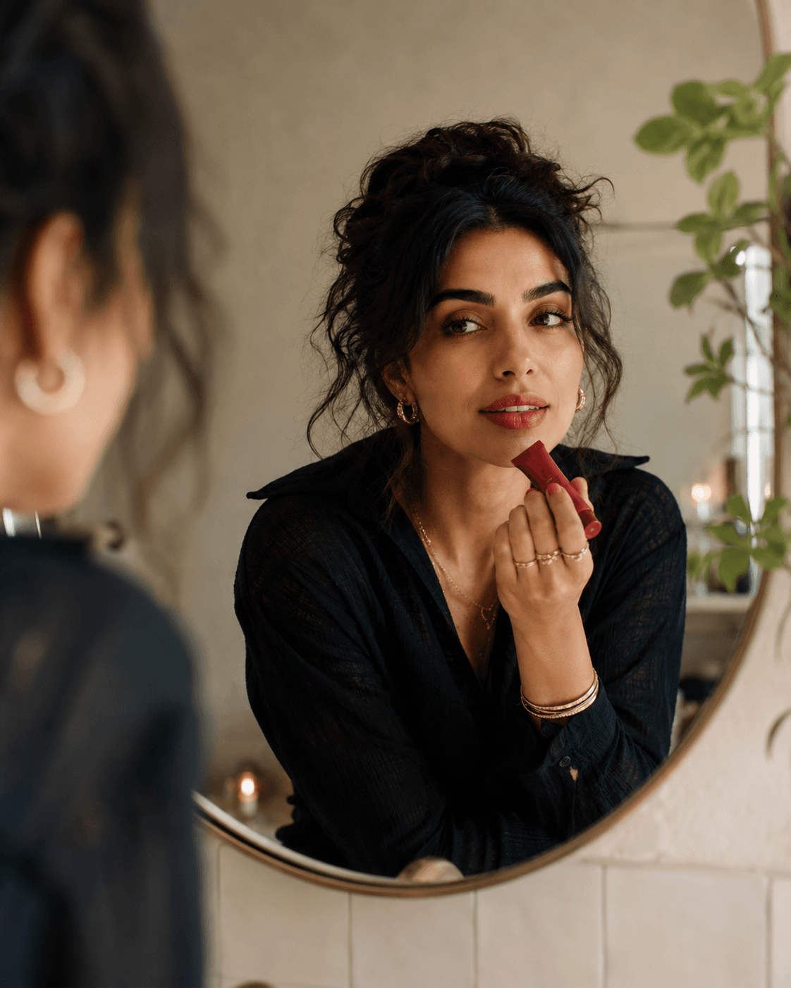 Temporary editorial portrait: a woman applying lipstick while looking into a round mirror